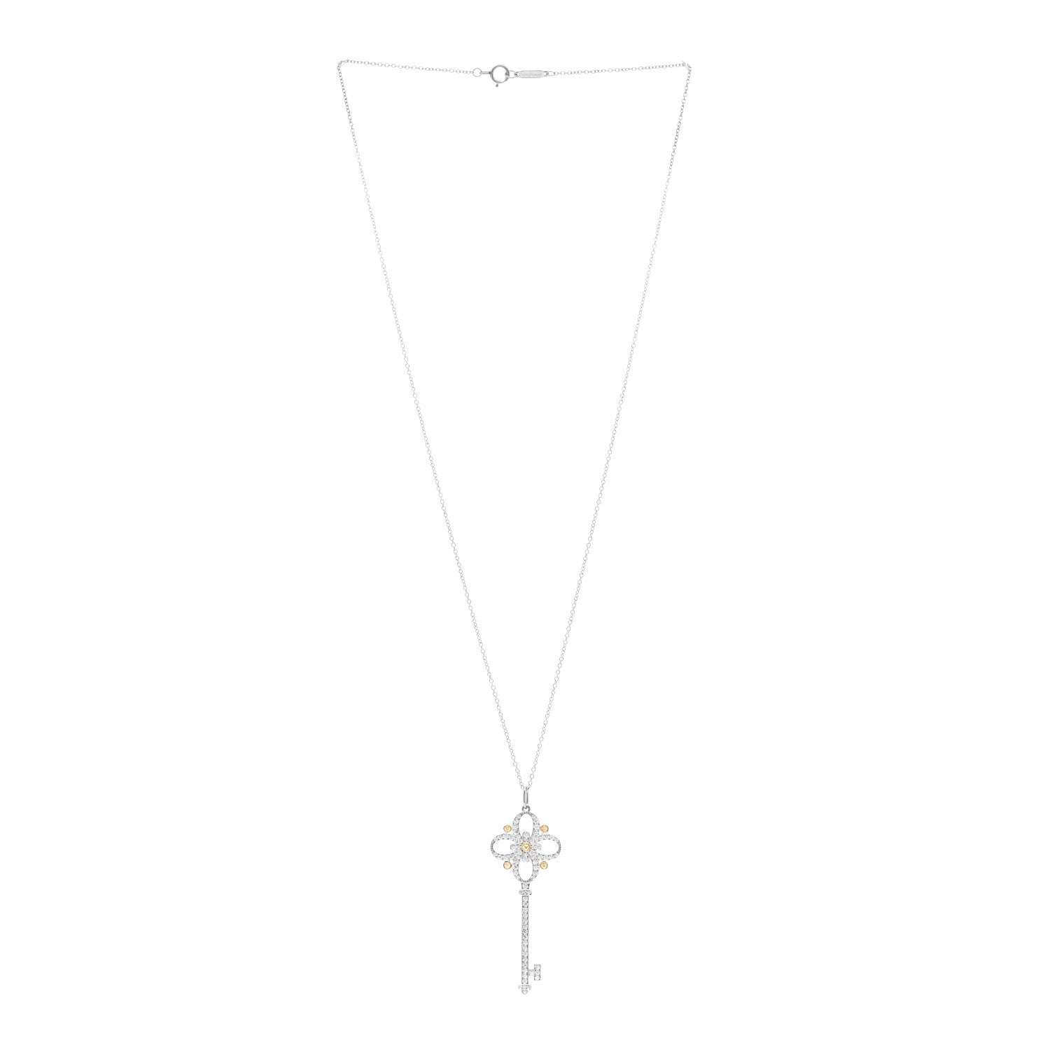 Tiffany Platinum 18K Yellow Gold Diamond Floret Key Pendant Necklace 3 of 6