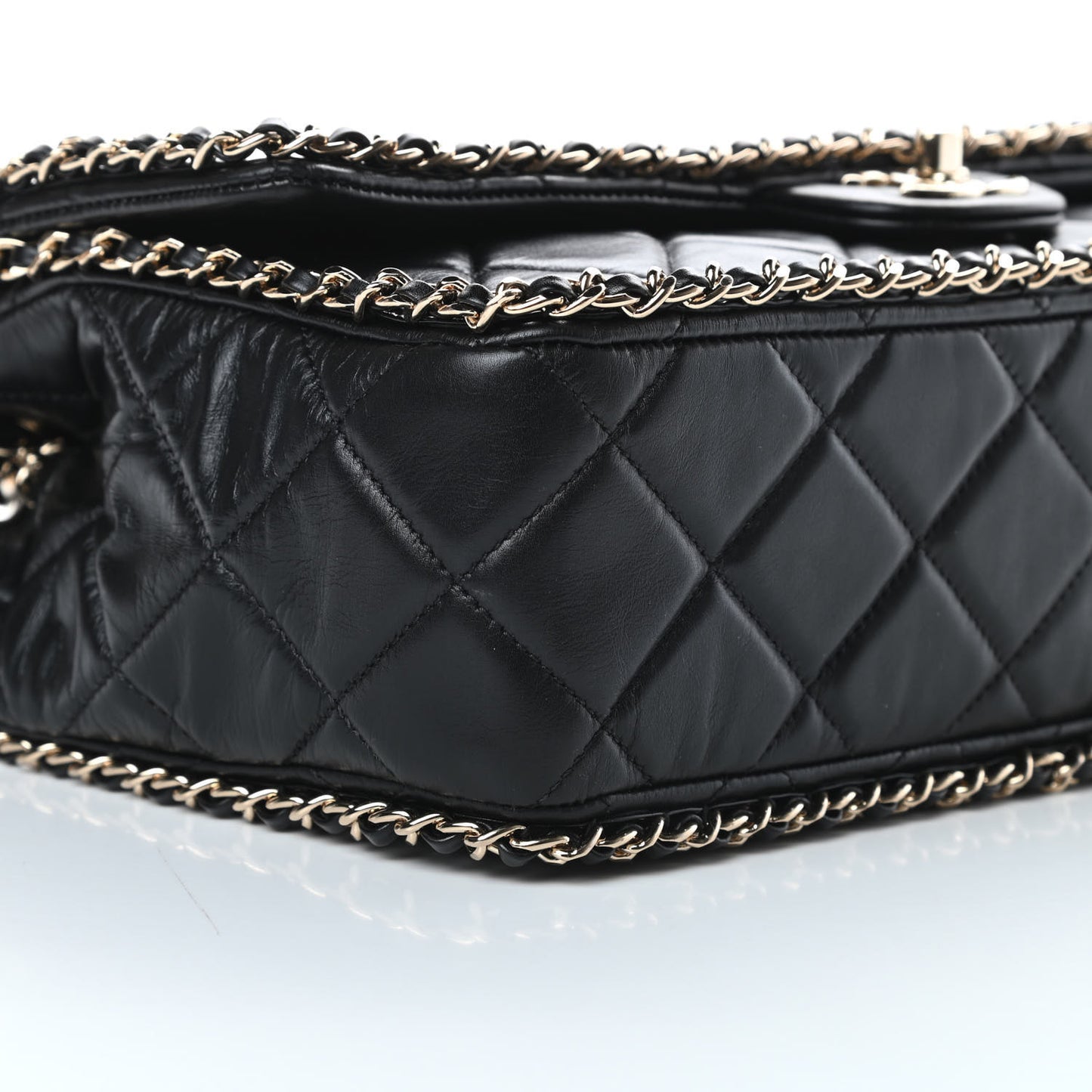 Crumpled Calfskin Quilted Large Chain All Over Flap Bag Black