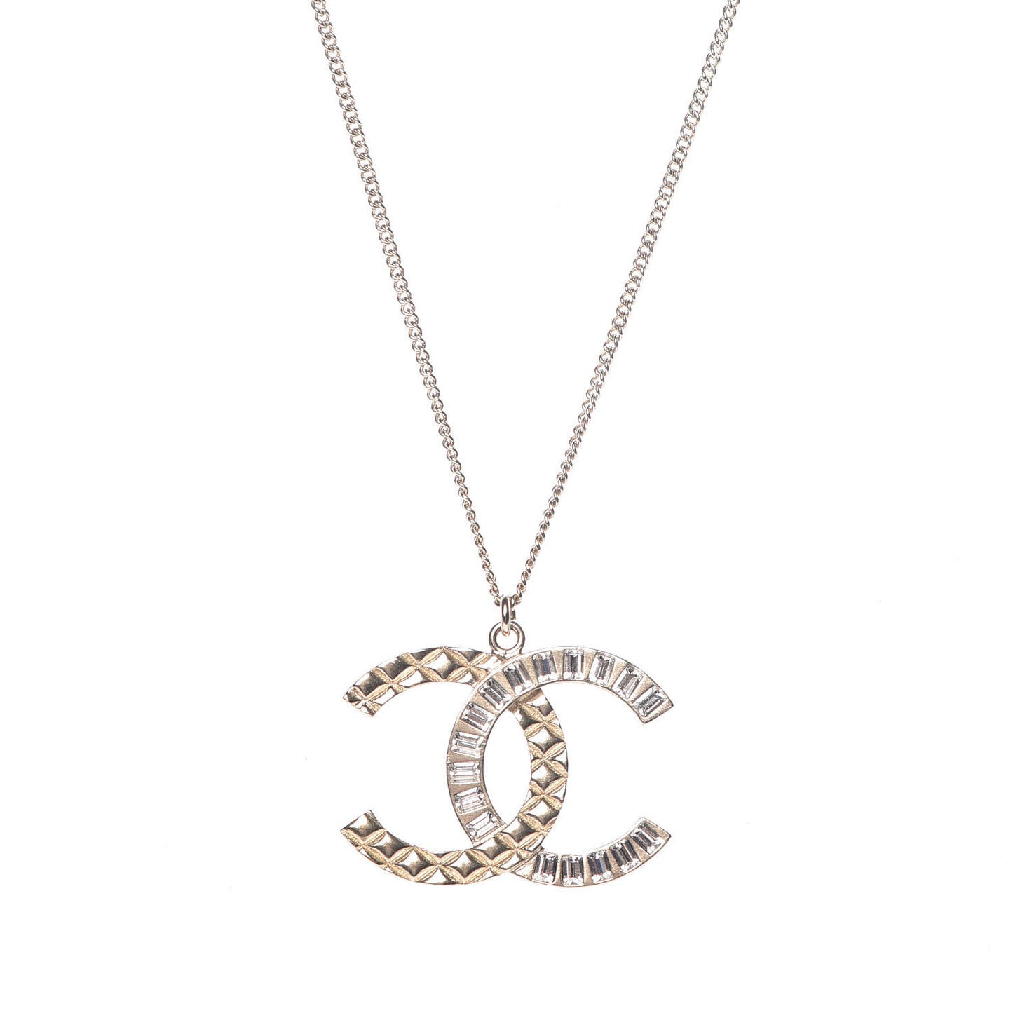 Baguette Crystal Quilted CC Pendant Necklace Gold