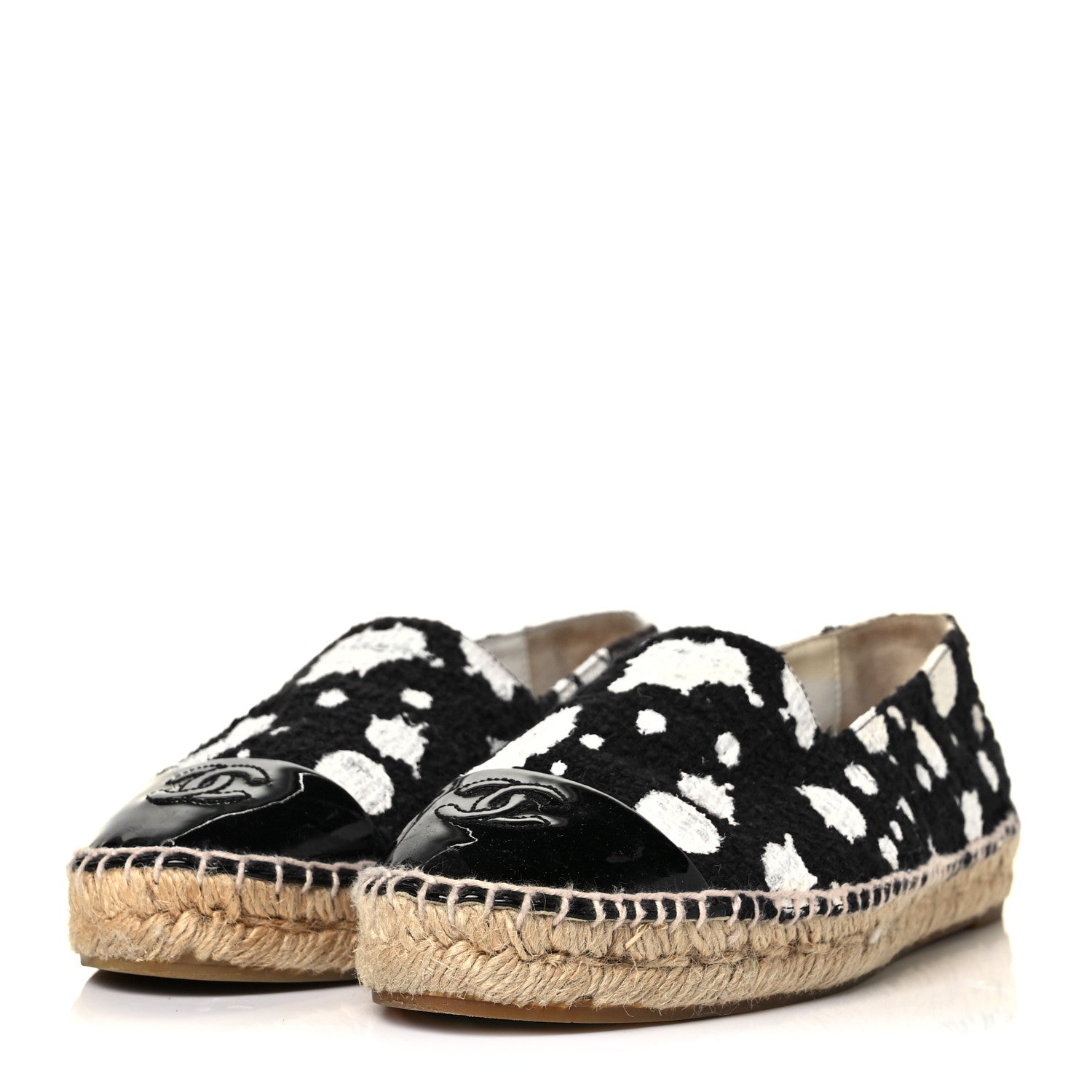 Chanel Patent Tweed Splatter Paint Print Cap Toe CC Espadrilles 38 Black White 3 of 9