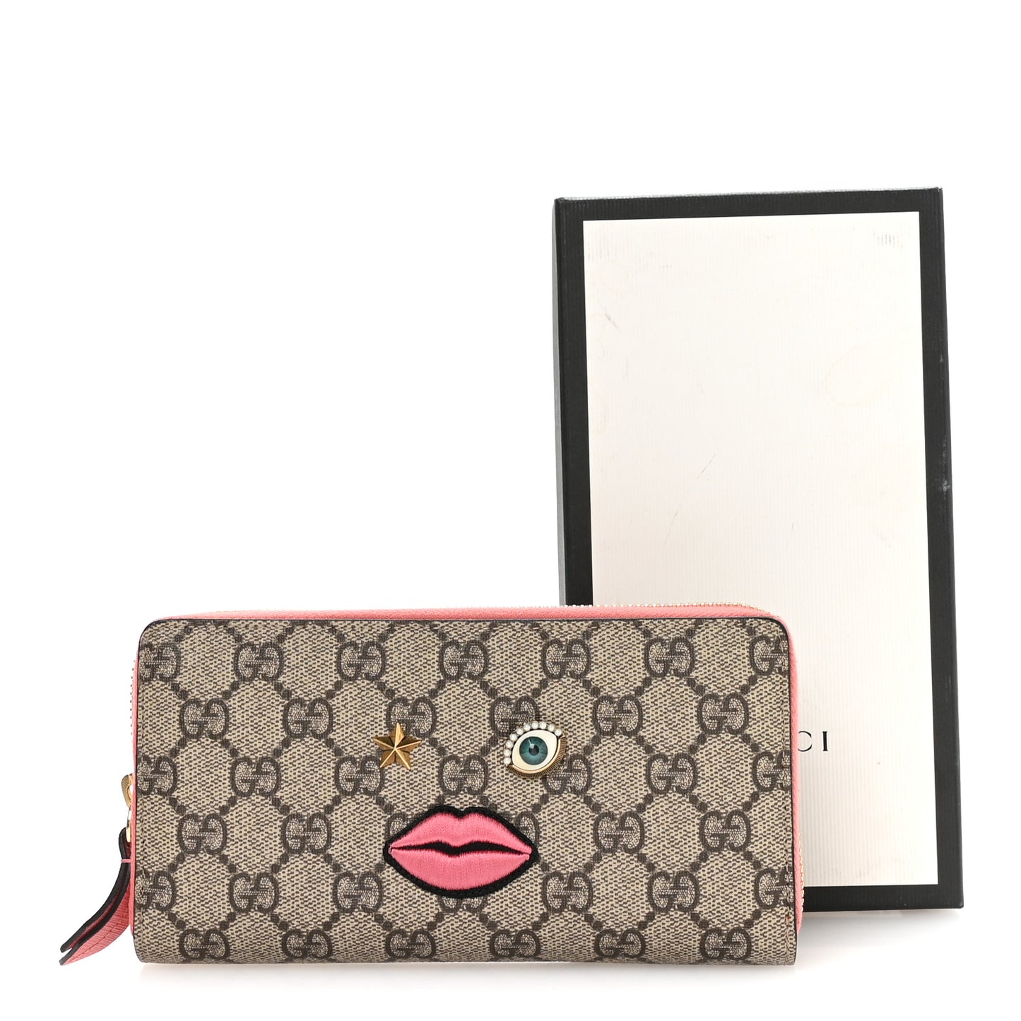 GG Supreme Monogram Embroidered Face Zip Around Wallet Pink