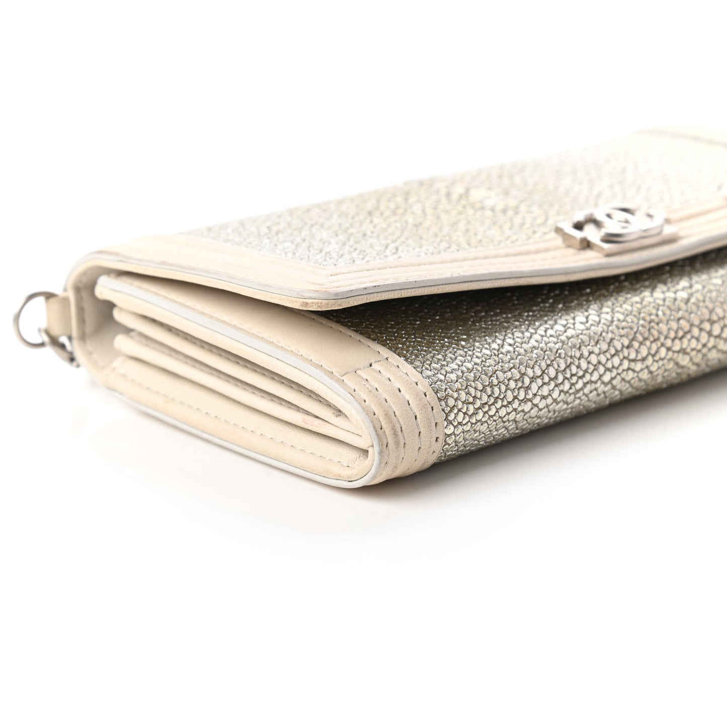 Metallic Galuchat Stingray Lambskin Boy Wallet With Removable Chain Silver