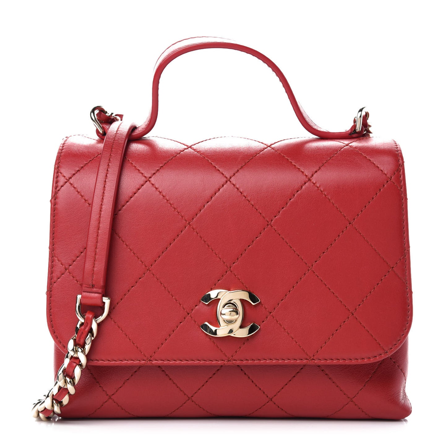 Calfskin Quilted Small Double Pocket Top Handle Flap Red
