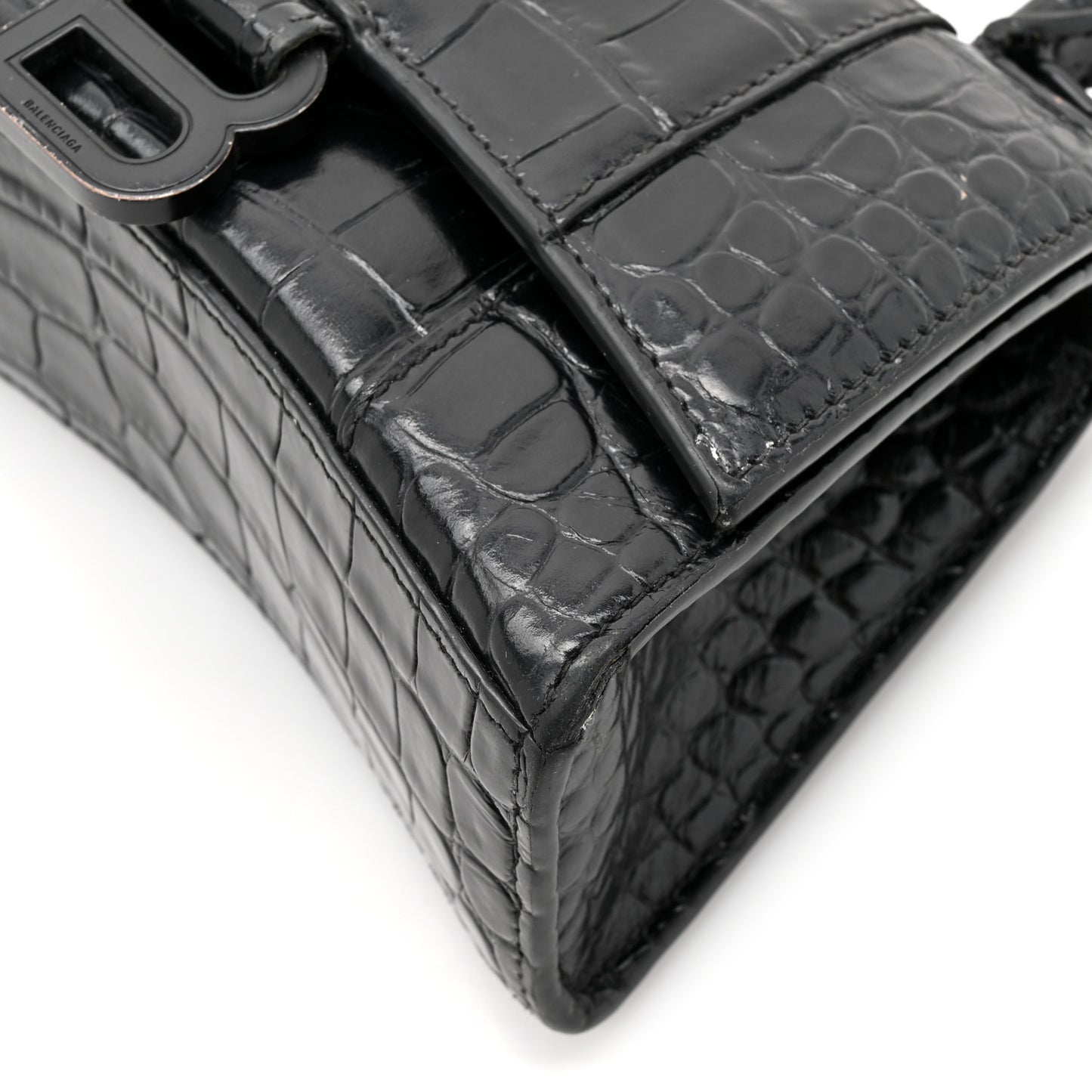Shiny Calfskin Monochrome Crocodile Embossed Hourglass Top Handle Bag XS Black