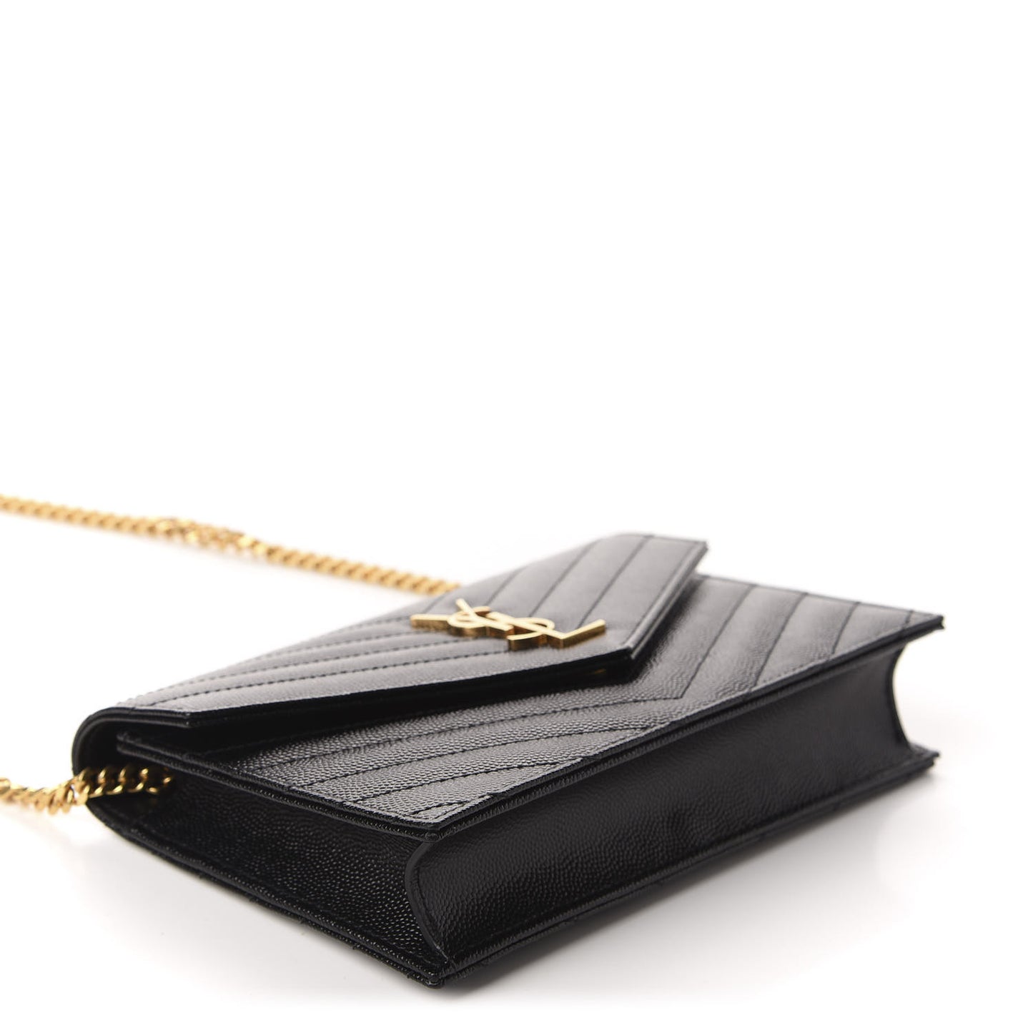 Grain De Poudre Matelasse Chevron Monogram Envelope Chain Wallet Black