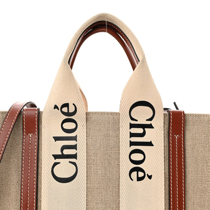 Chloe Linen Calfskin Small Woody Ribbon Tote With Strap White Brown 8 of 11