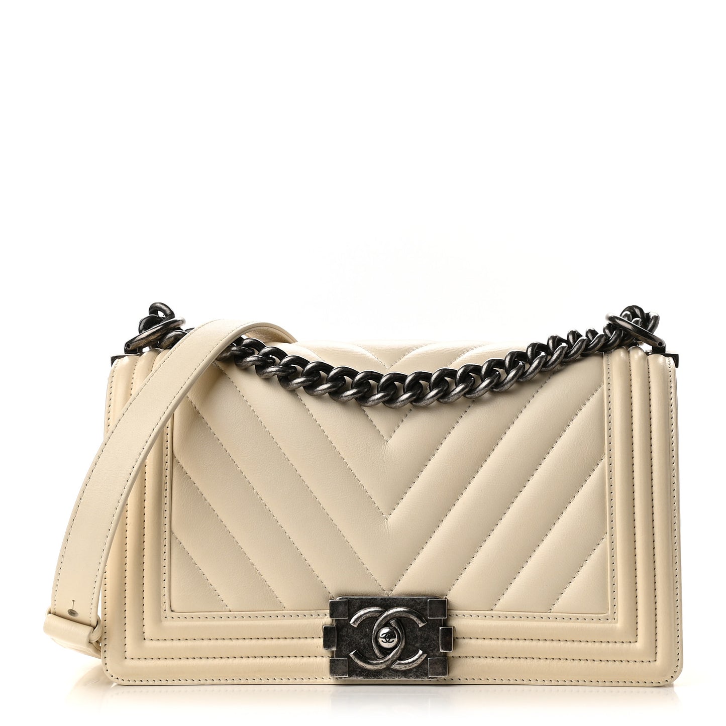 Caviar Chevron Quilted Medium Boy Flap Light Beige