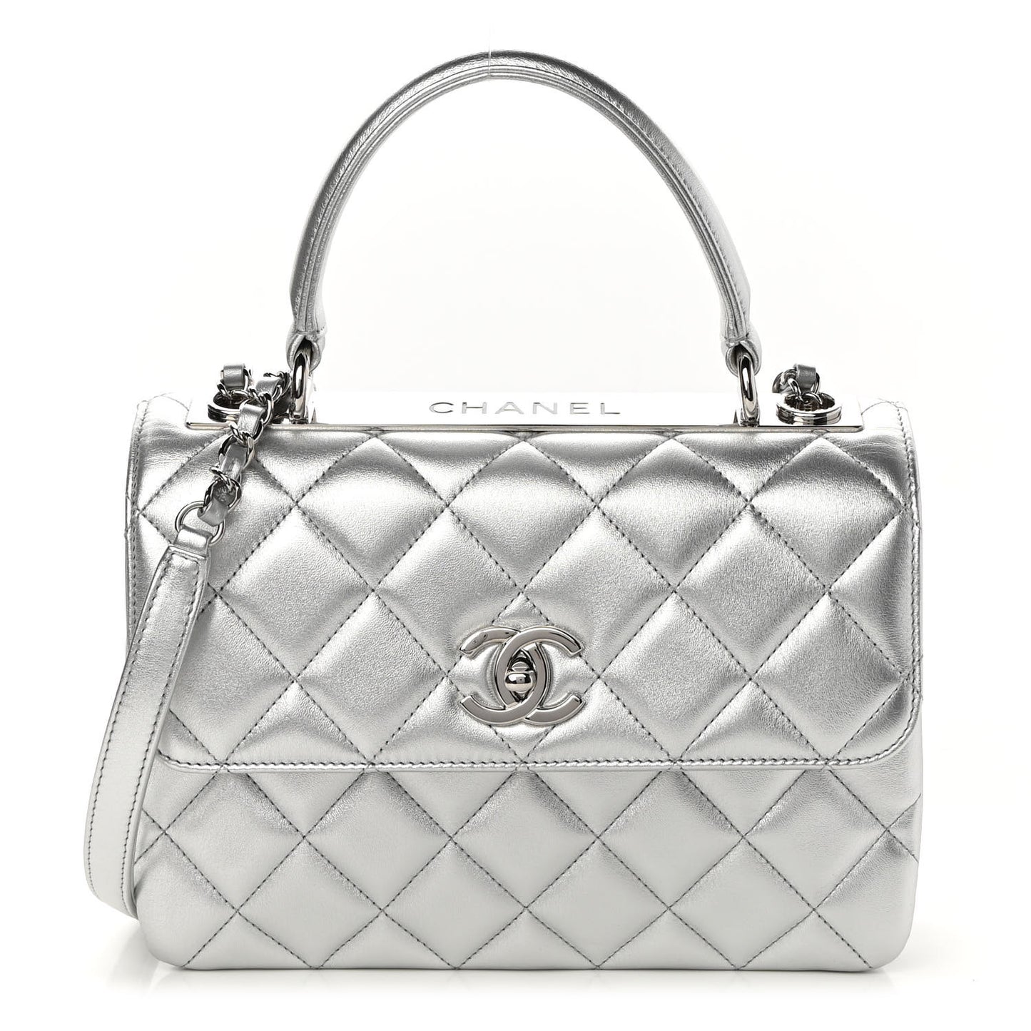 Metallic Lambskin Quilted Small Trendy CC Flap Dual Handle Bag Silver