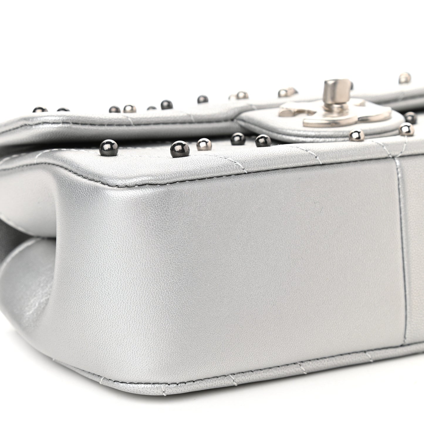 Metallic Lambskin Chevron Quilted Studded Mini Rectangular Flap Silver
