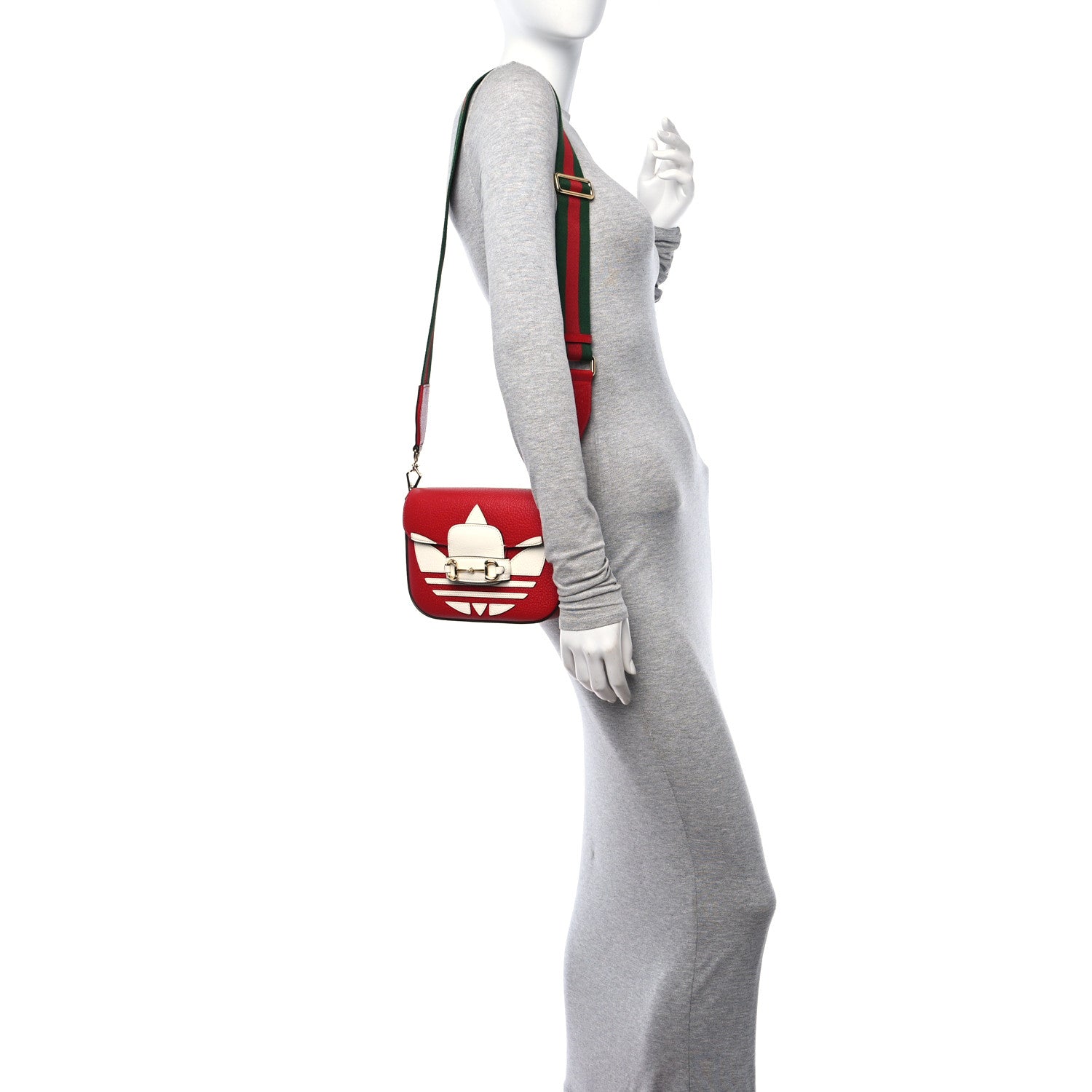 Gucci X ADIDAS Textured Dollar Calfskin Web Trefoil Mini Horsebit 1955 Shoulder Bag Hibiscus Red Off White 2 of 10