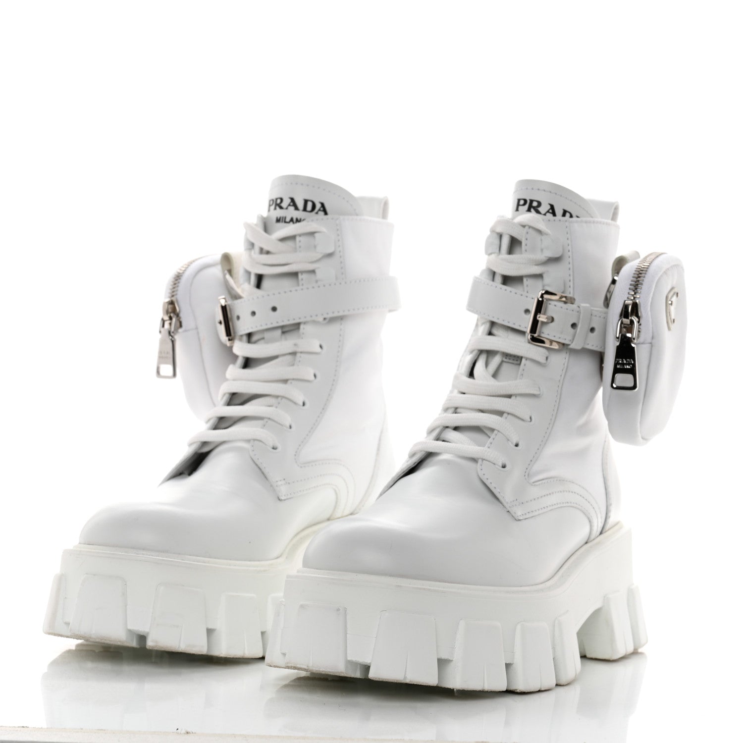Prada Spazzolato Rois Re-Nylon Metal Triangle Logo Monolith Pouch Pocket 55mm Boots 37 White 3 of 11