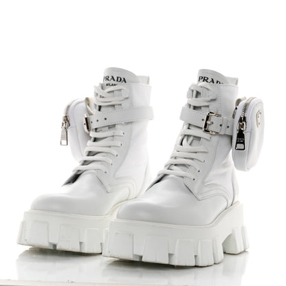 Prada Spazzolato Rois Re-Nylon Metal Triangle Logo Monolith Pouch Pocket 55mm Boots 37 White 3 of 11