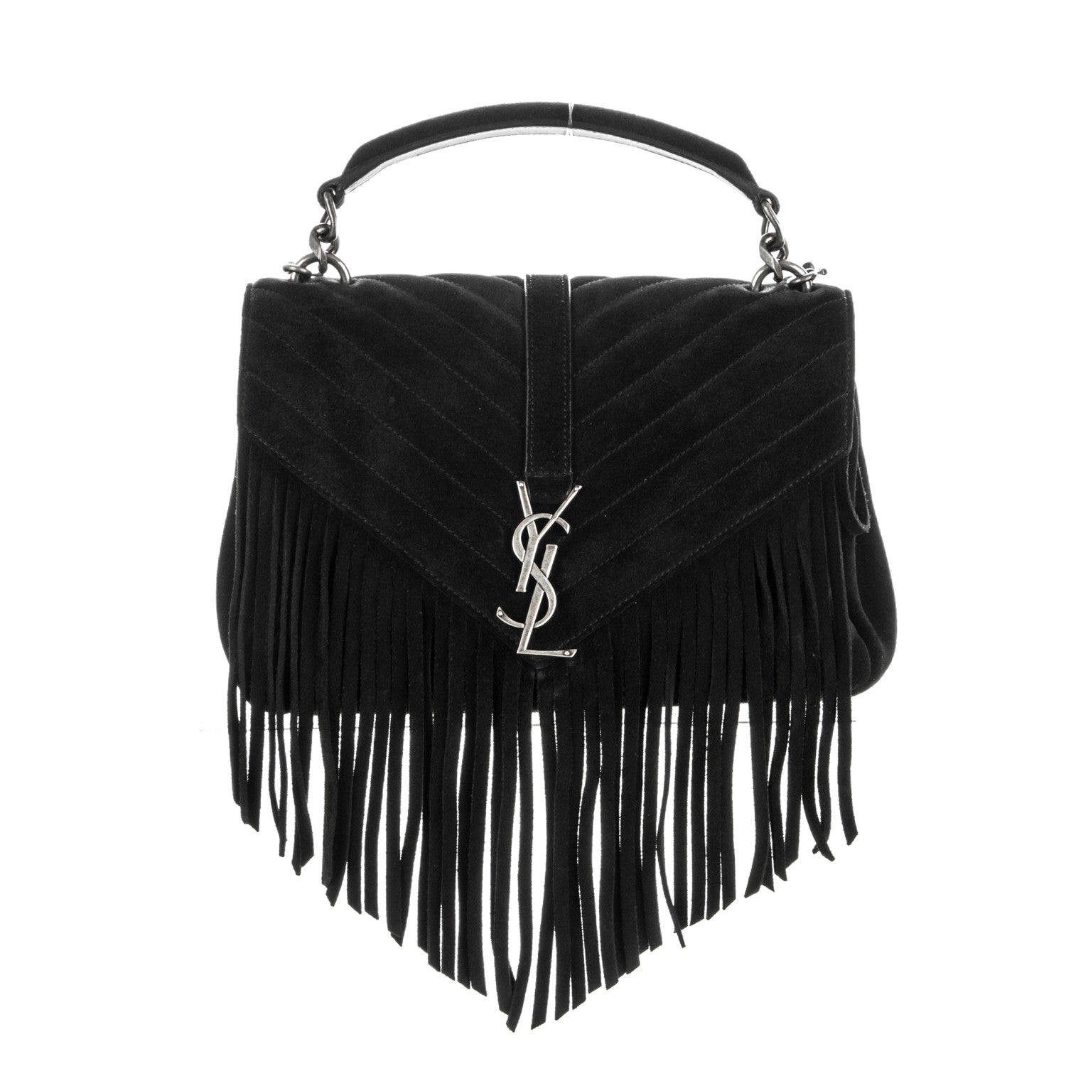 Saint Laurent Suede Matelasse Chevron Fringe Monogram Medium College Bag Black 1 of 6