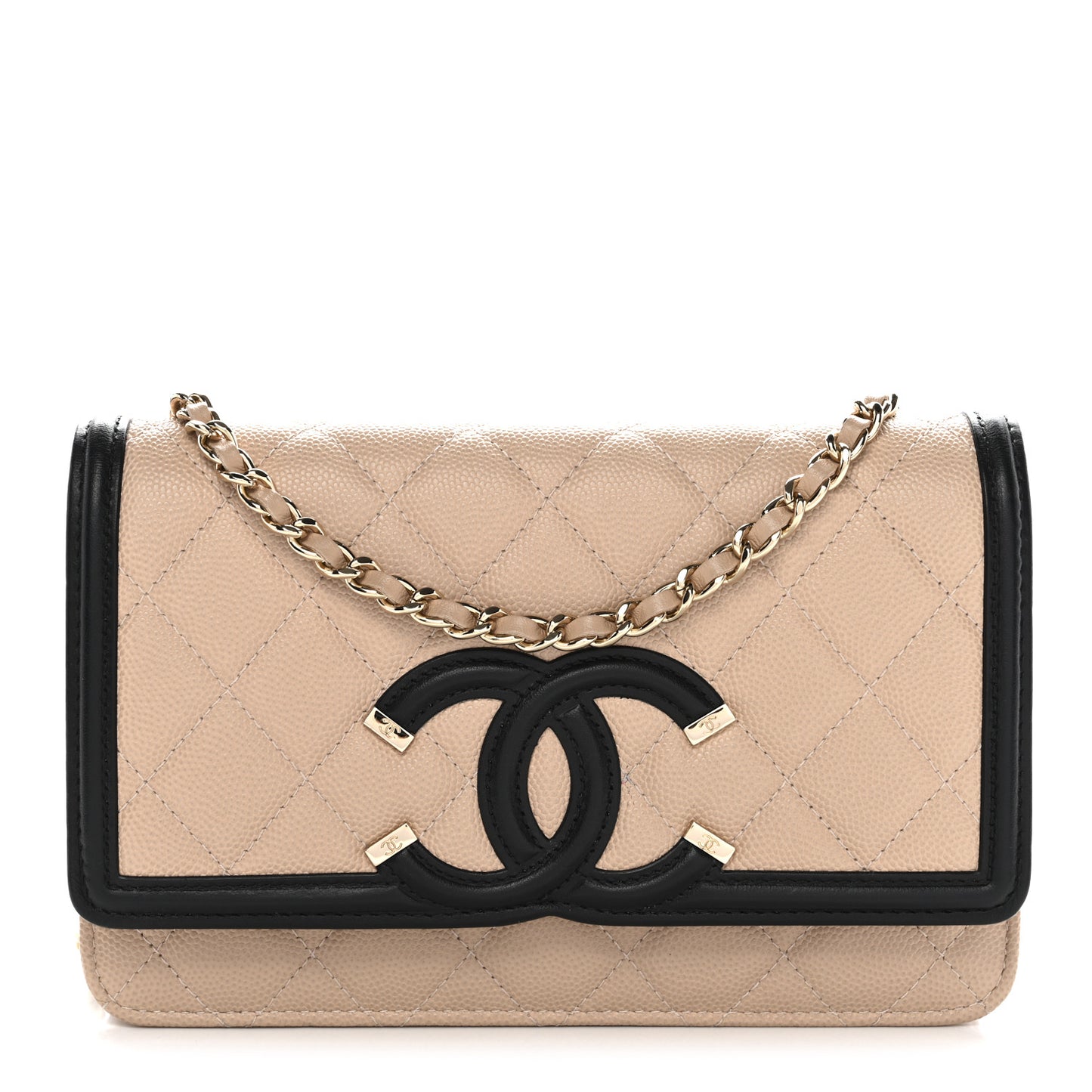 Caviar Quilted CC Filigree Wallet On Chain WOC Beige Black
