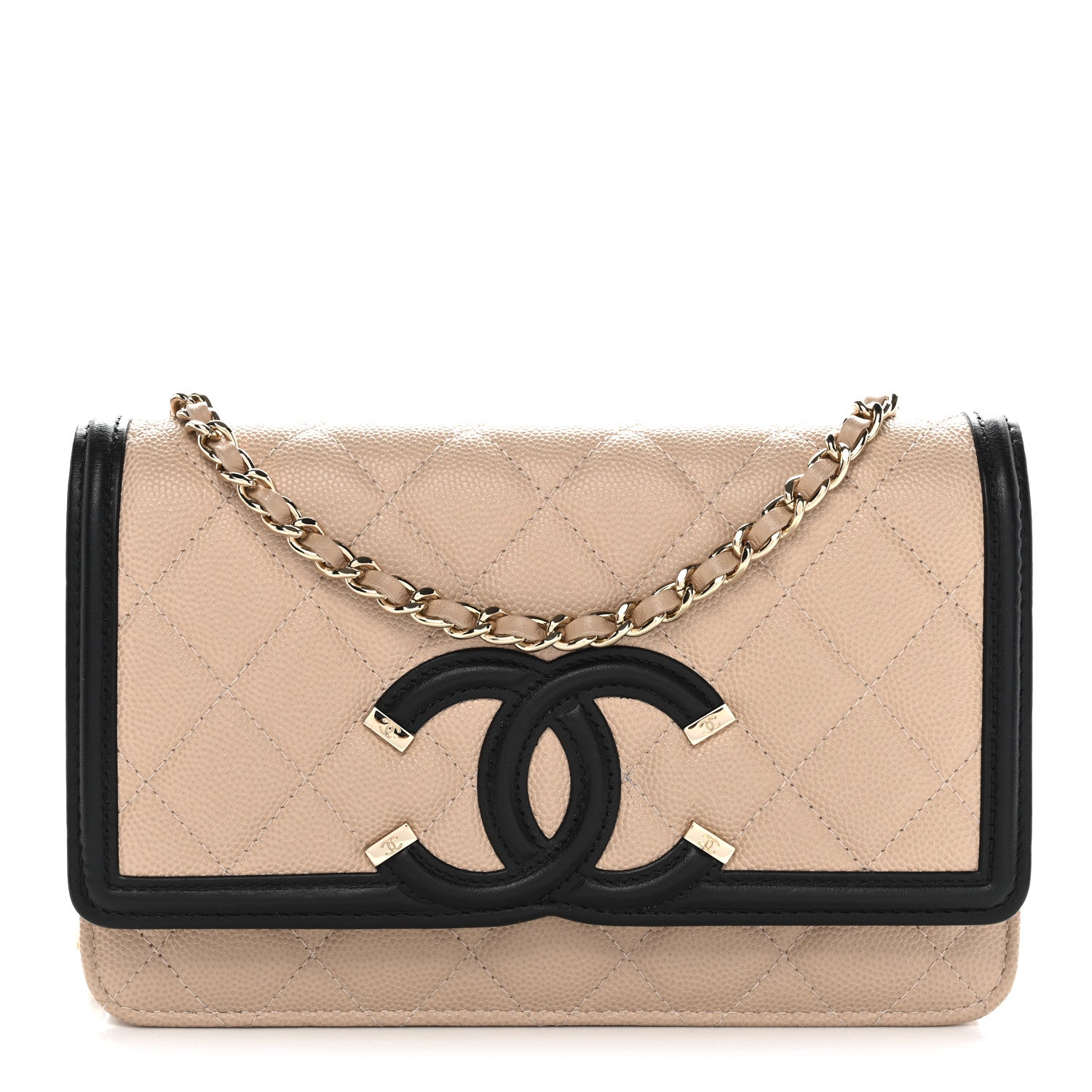 Chanel Caviar Quilted CC Filigree Wallet On Chain WOC Beige Black 1 of 13