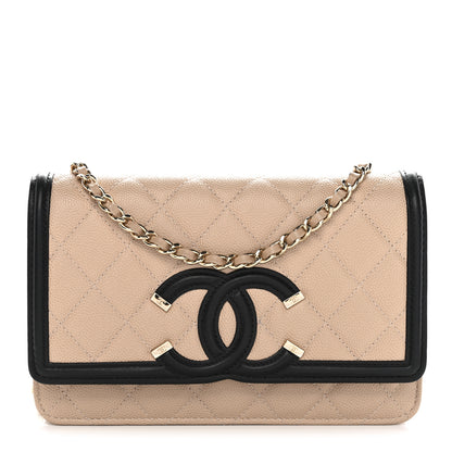 Chanel Caviar Quilted CC Filigree Wallet On Chain WOC Beige Black 1 of 13