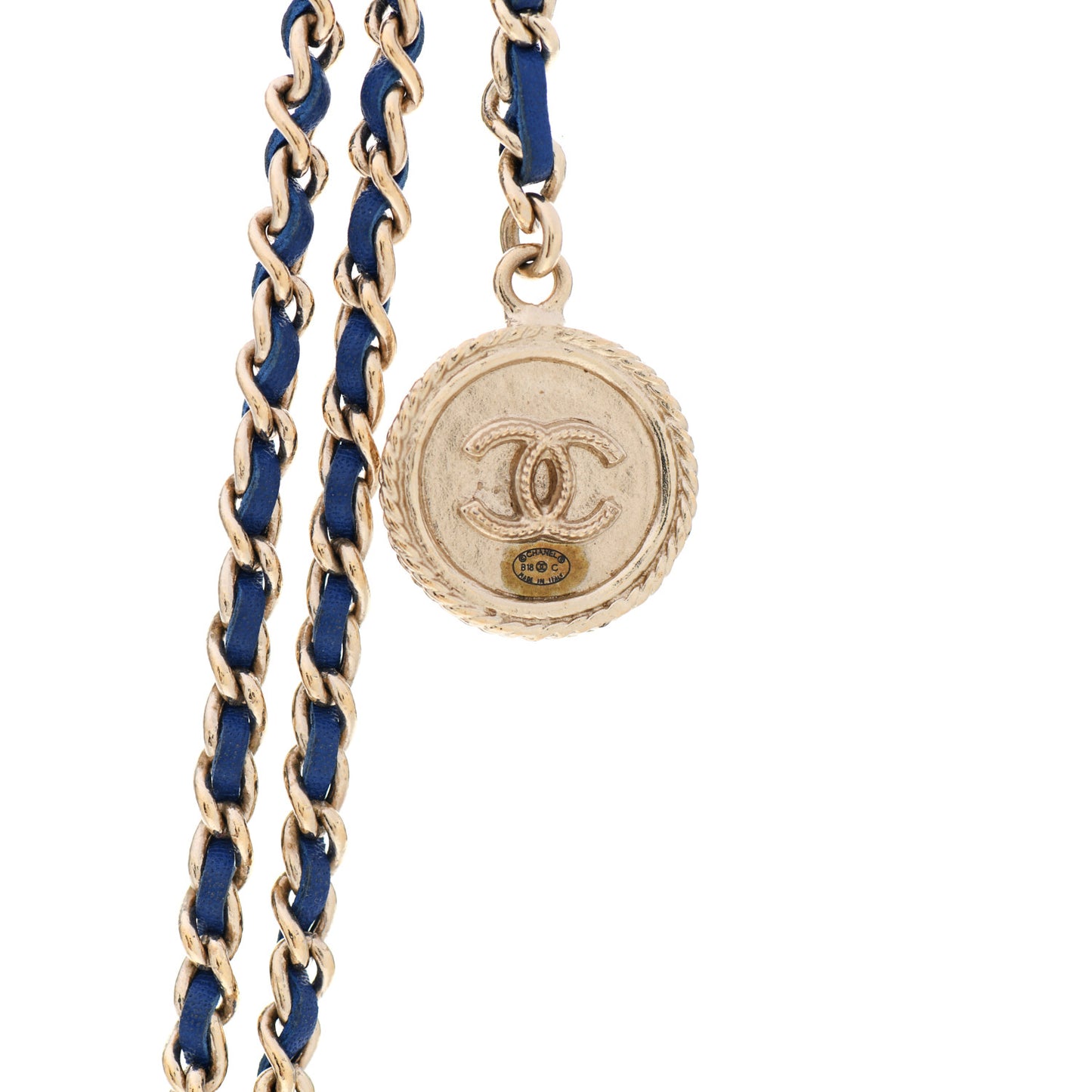 Metal Lambskin CC Chain Link Necklace Gold Blue