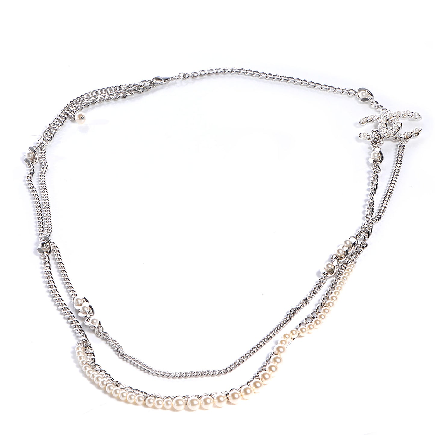 Pearl CC Long Chain Necklace Silver