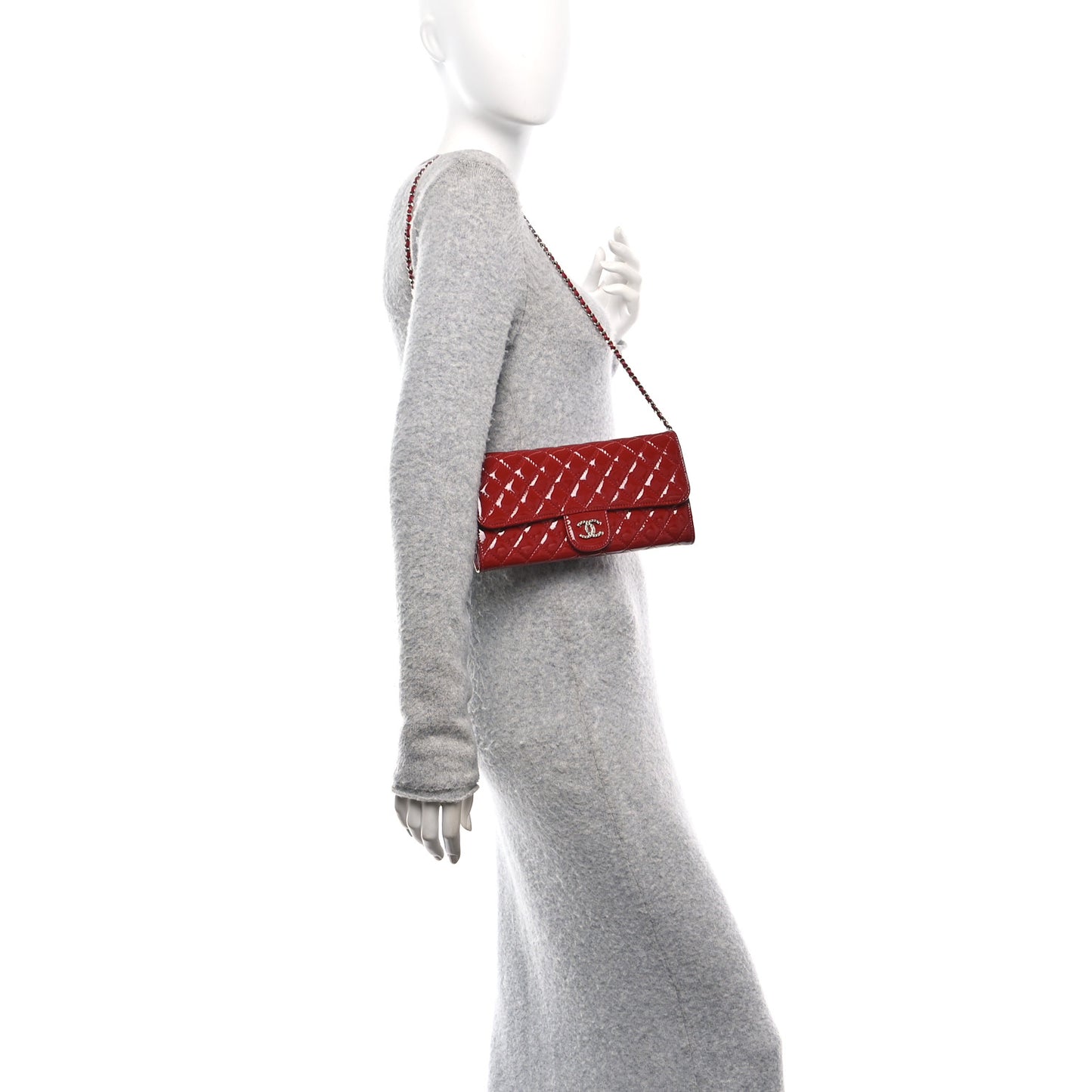 Patent Calfskin Quilted Brilliant East West Flap Clutch Red