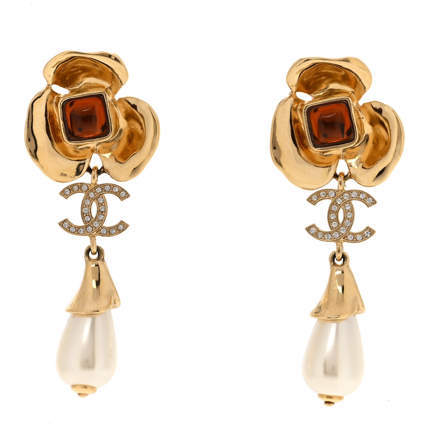 Metal Resin Pearl CC Camellia Drop Earrings Gold Brown Pearly White