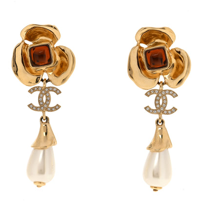 Chanel Metal Resin Pearl CC Camellia Drop Earrings Gold Brown Pearly White 1 of 5
