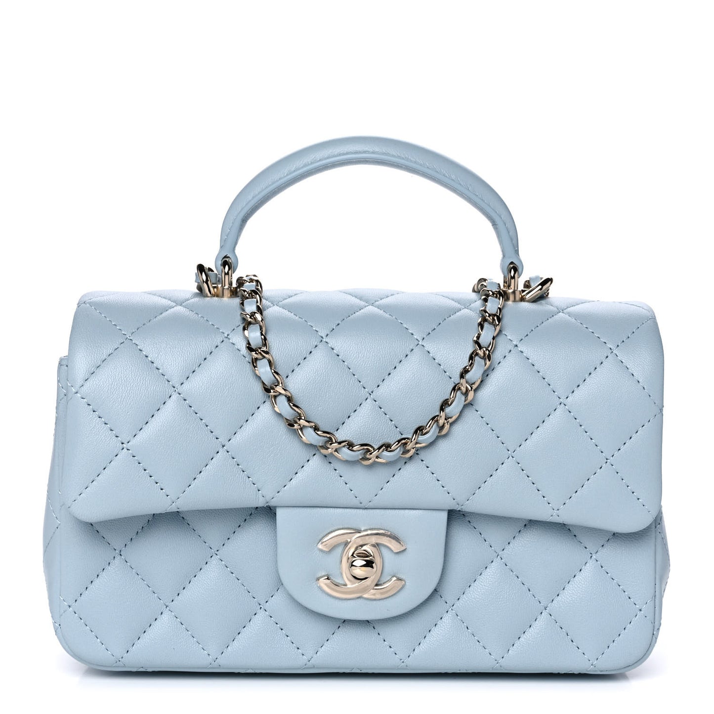 Lambskin Quilted Mini Top Handle Rectangular Flap Light Blue