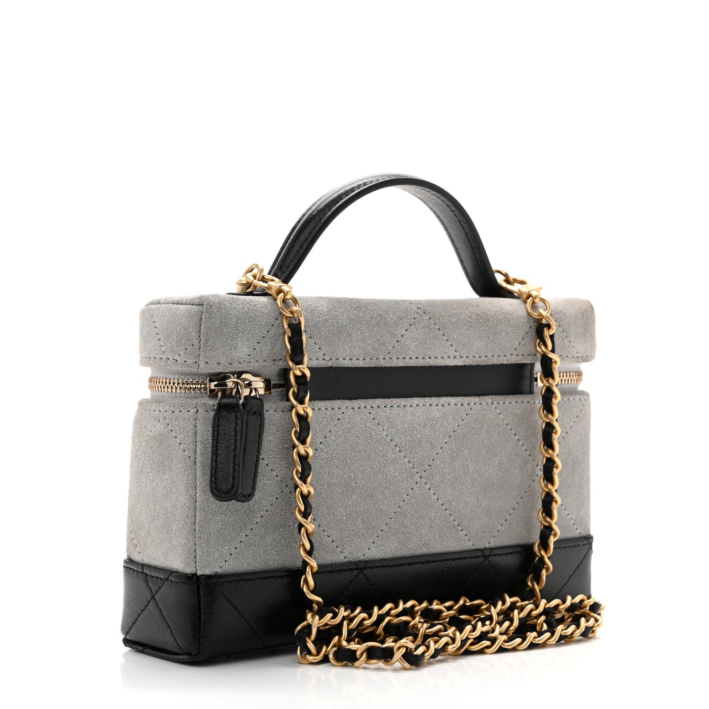 Suede Calfskin Shiny Lambskin Quilted Top Handle Slim Vanity Case With Chain Grey Black