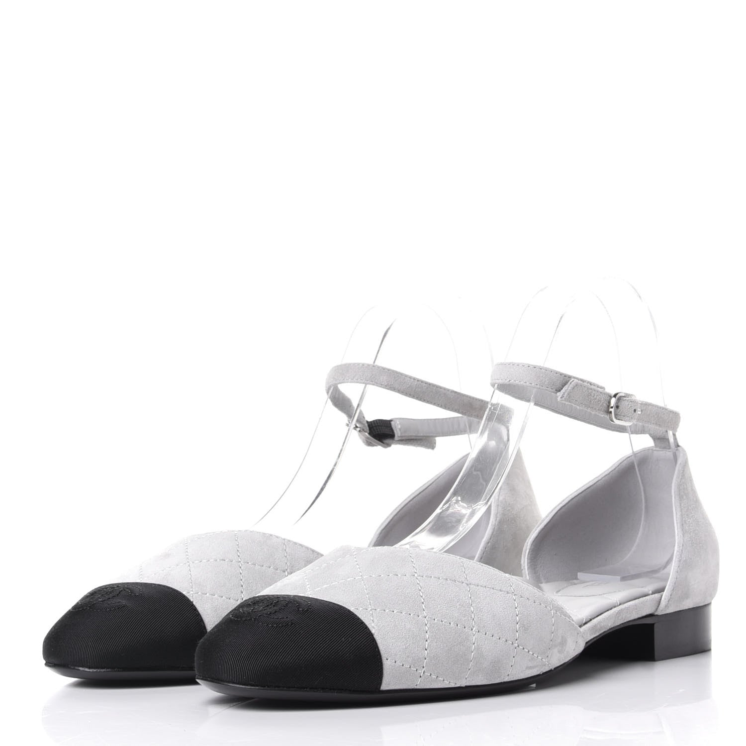 Chanel Suede Grosgrain Cap Toe CC Ankle Strap Sandals 39.5 Grey Black 3 of 10