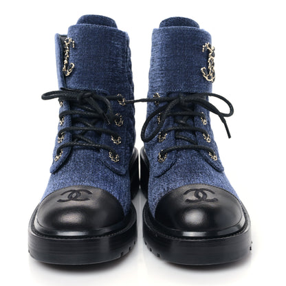 Chanel Shiny Calfskin Velvet Quilted Lace Up Combat Boots 38.5 Blue 2 of 8