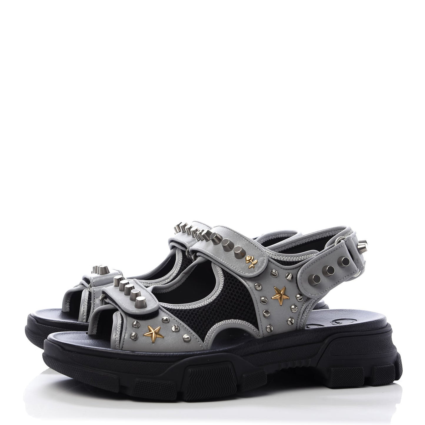 Technical Canvas Calfskin Reflective Studded Mens Aguru Sandals 9 Silver Black