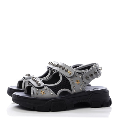 Gucci Technical Canvas Calfskin Reflective Studded Mens Aguru Sandals 9 Silver Black 3 of 8