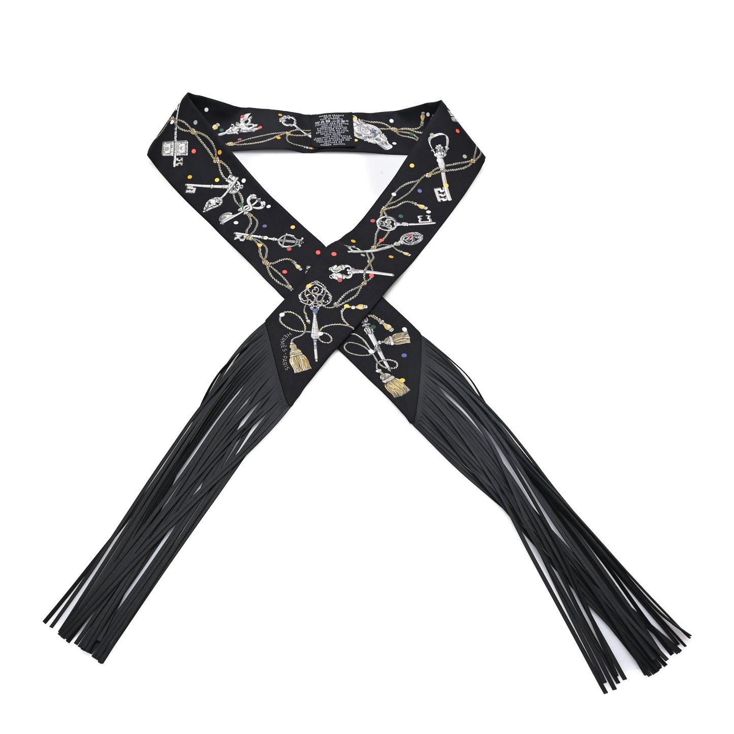 Silk Calfskin Les Cles A Pois Fringed Twilly Black Mordoré White