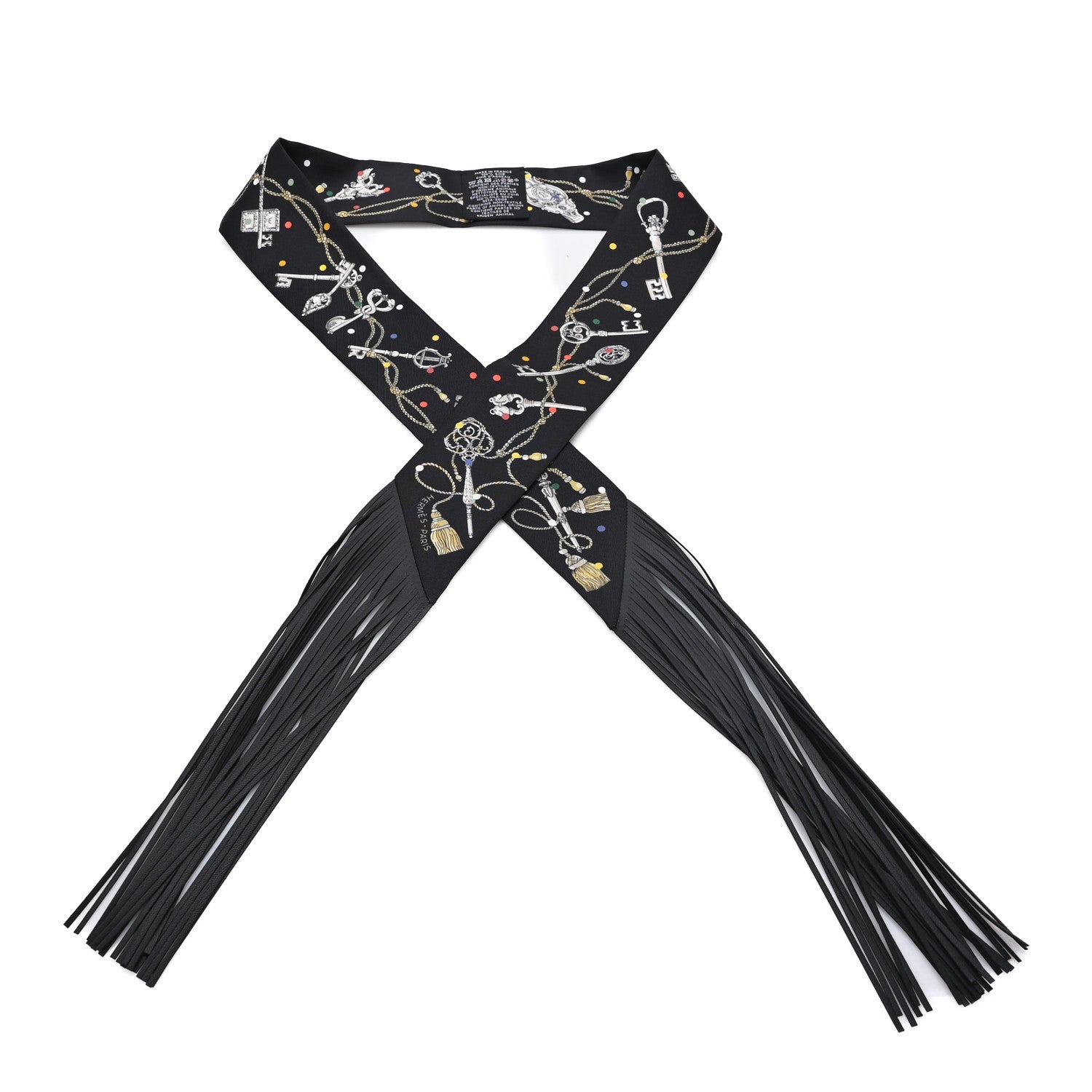 Hermes Silk Calfskin Les Cles A Pois Fringed Twilly Black Mordoré White 1 of 3