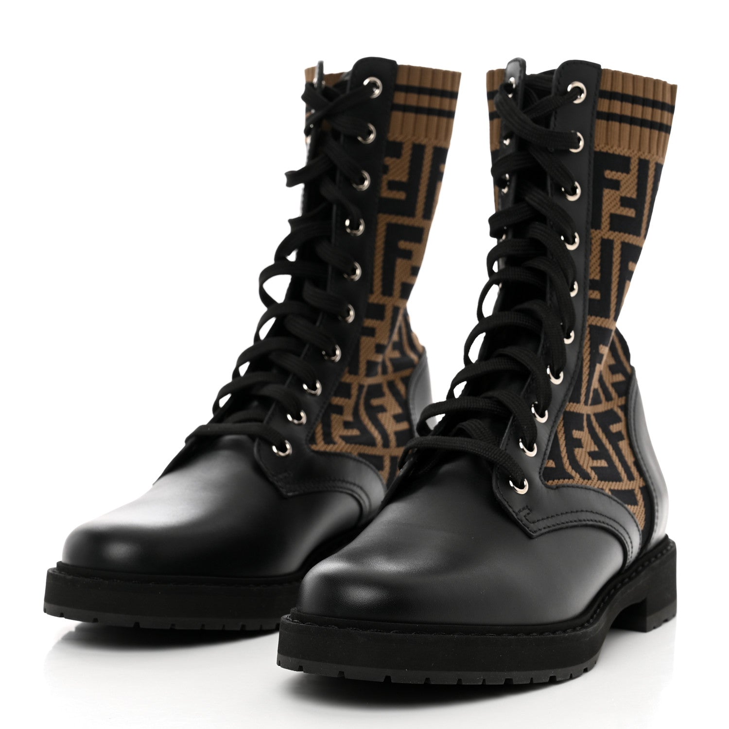 Fendi Calfskin Stretch Fabric FF Rockoko Biker Boots 39.5 Black Tobacco 3 of 8