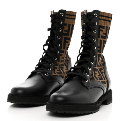 Fendi Calfskin Stretch Fabric FF Rockoko Biker Boots 39.5 Black Tobacco 3 of 8