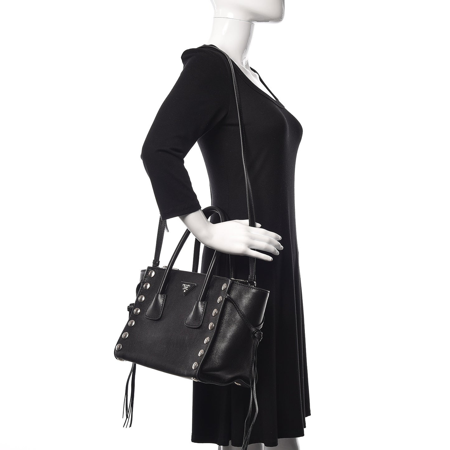 Glace Calf Studded Twin Pocket Tote Black
