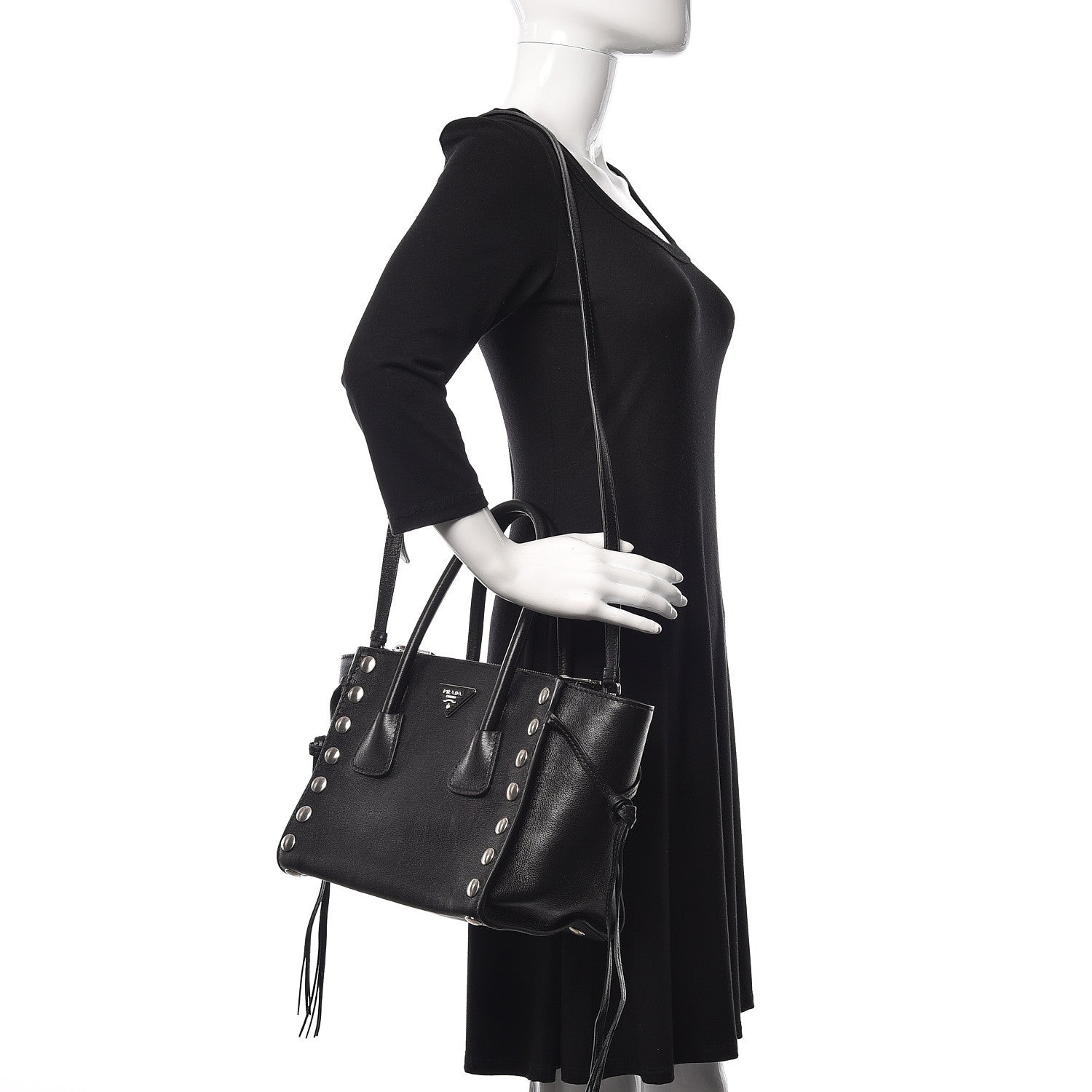 Prada Glace Calf Studded Twin Pocket Tote Black 2 of 9