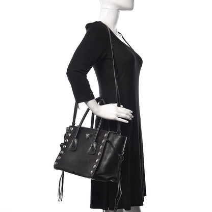Prada Glace Calf Studded Twin Pocket Tote Black 2 of 9
