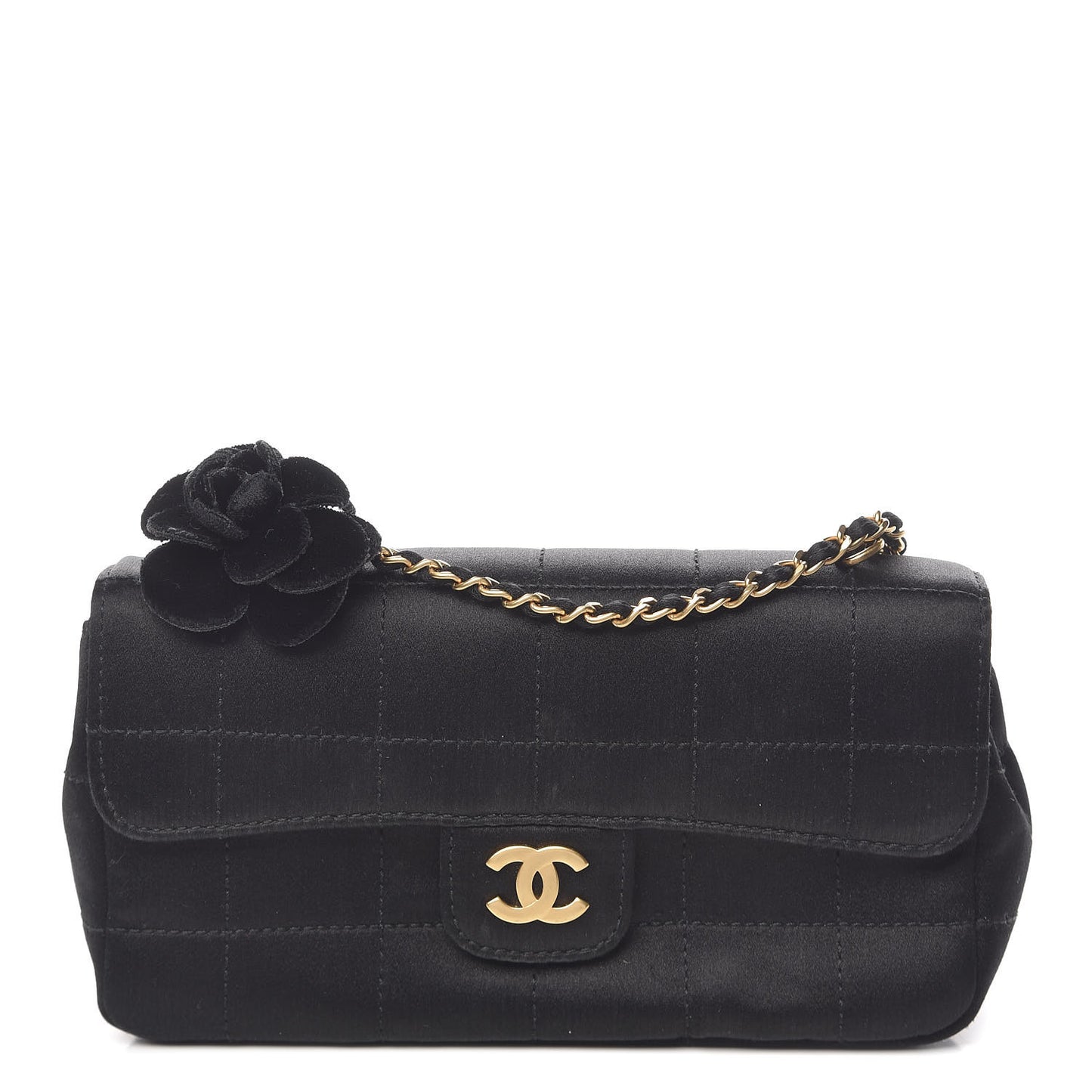 Satin Chocolate Bar Quilted Camellia Rectangular Mini Flap Black
