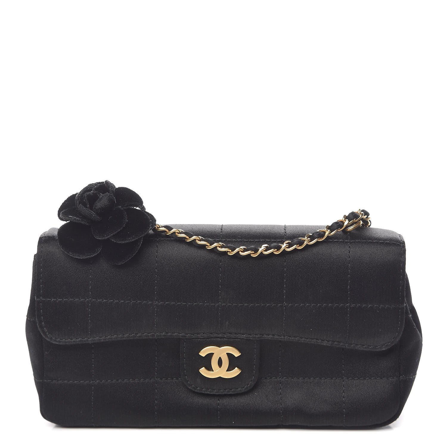 Chanel Satin Chocolate Bar Quilted Camellia Rectangular Mini Flap Black 1 of 12