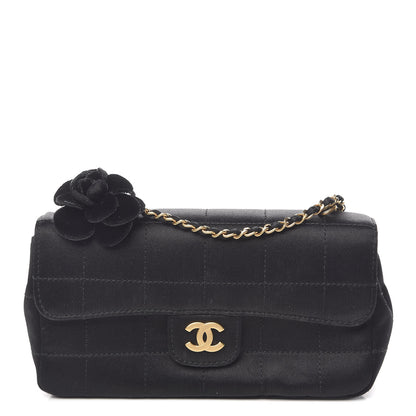 Chanel Satin Chocolate Bar Quilted Camellia Rectangular Mini Flap Black 1 of 12