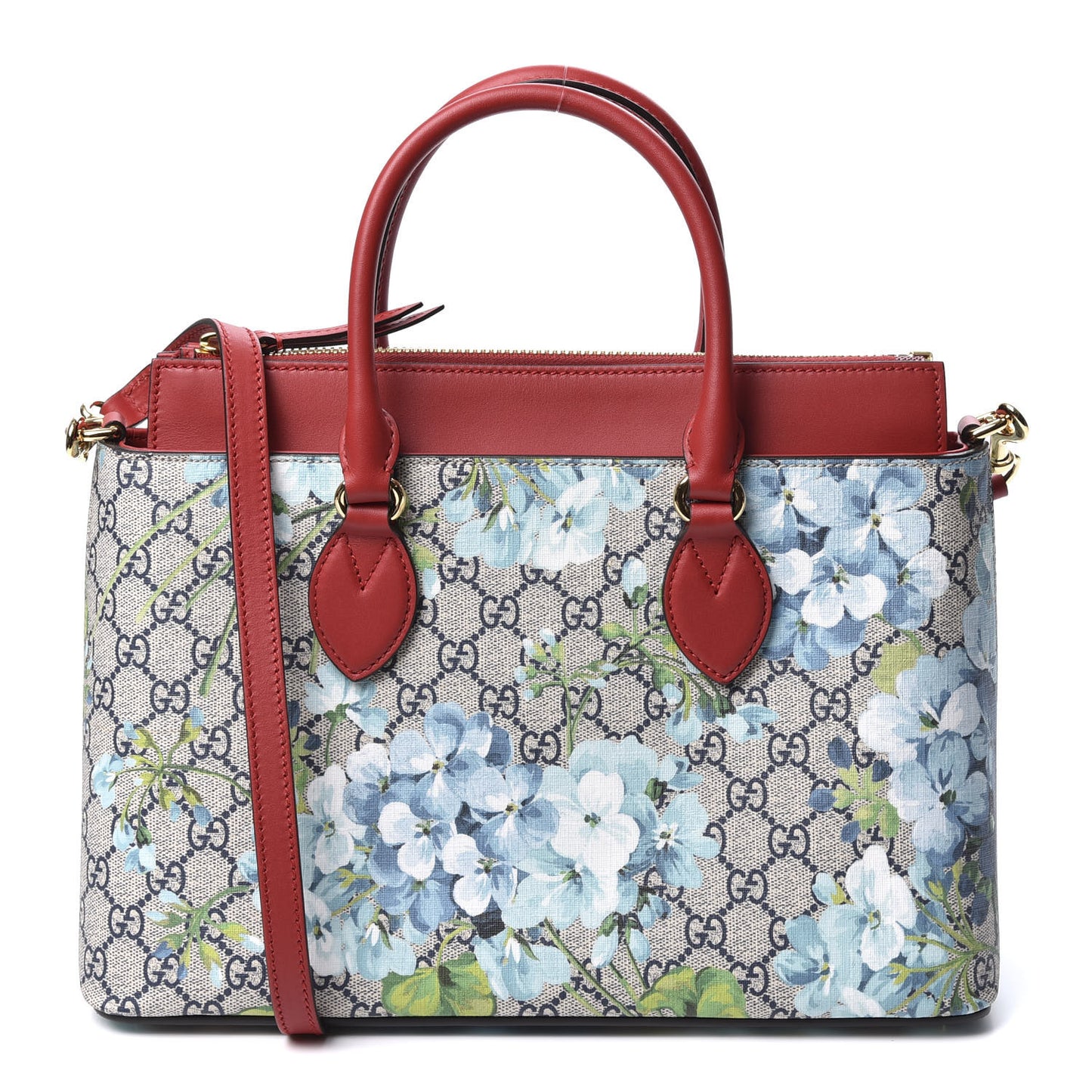 GG Supreme Monogram Blooms Medium Zip Top Tote Beige Blue Navy Hibiscus Red