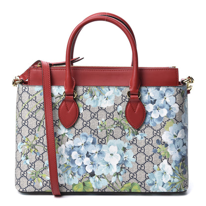 Gucci GG Supreme Monogram Blooms Medium Zip Top Tote Beige Blue Navy Hibiscus Red 1 of 9