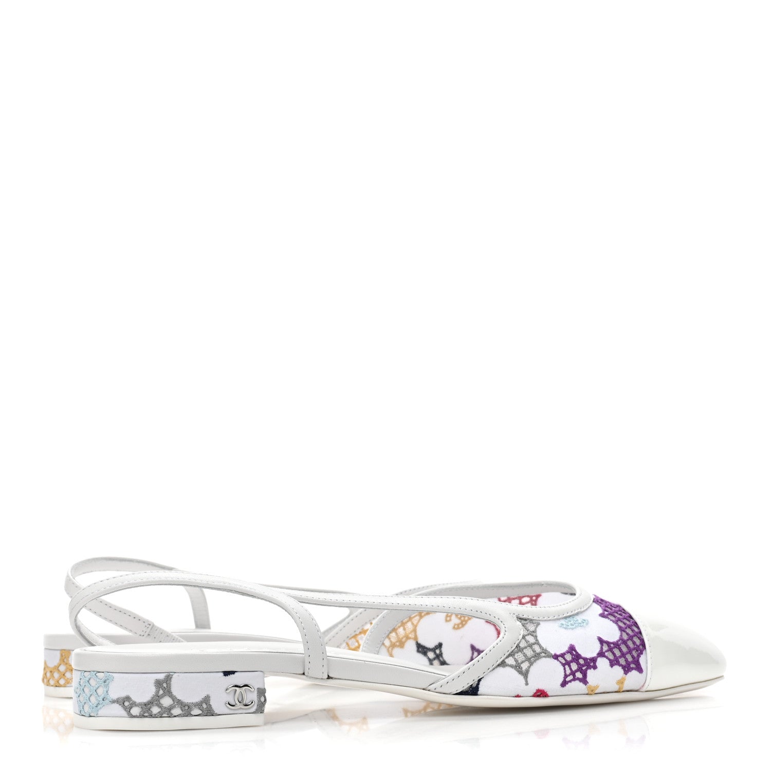 Chanel Cotton Guipure Patent Embroidered Floral Cap Toe CC Slingback Flats 39 White Multicolor 4 of 9