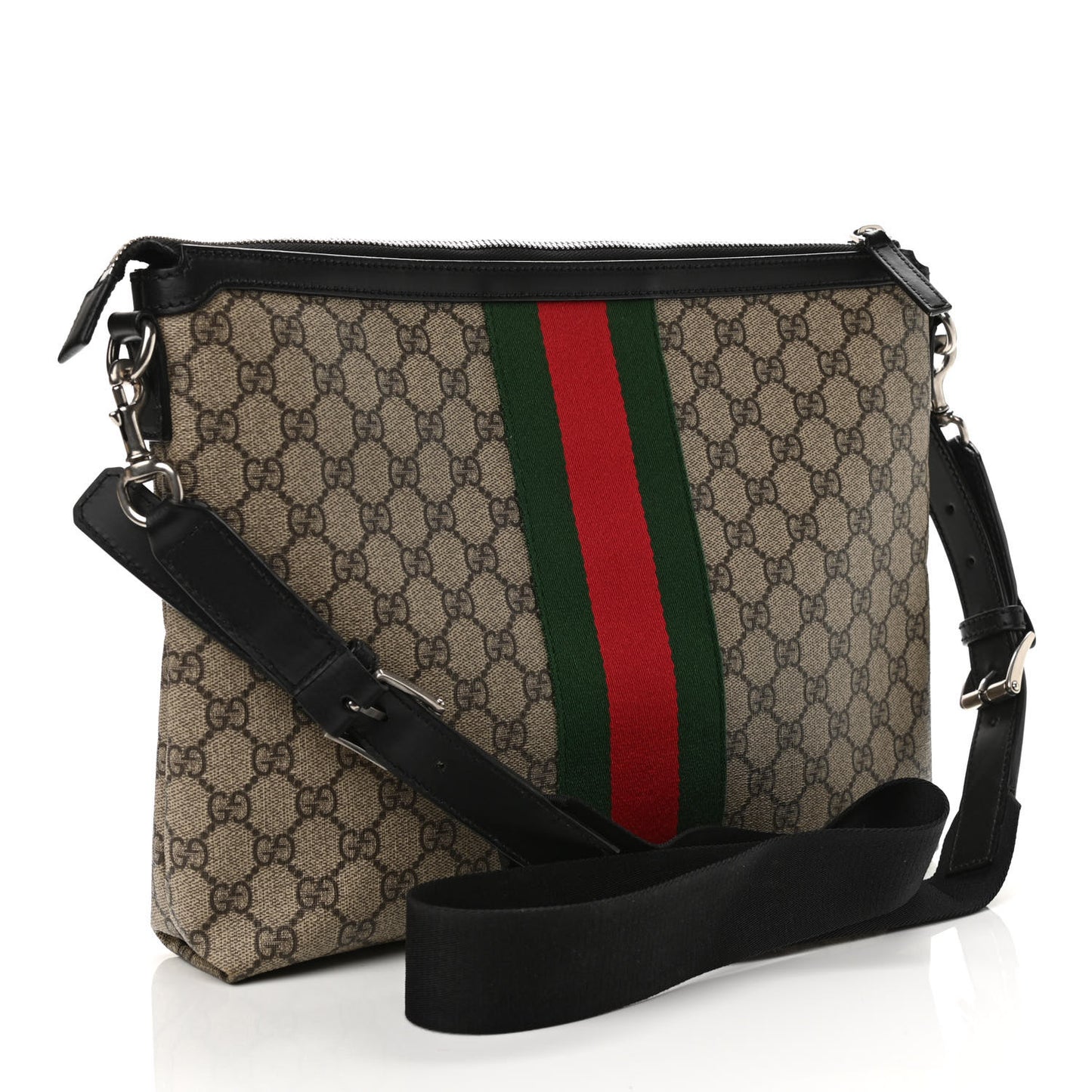 GG Supreme Monogram Calfskin Web Medium Flat Messenger Bag Beige Ebony Black