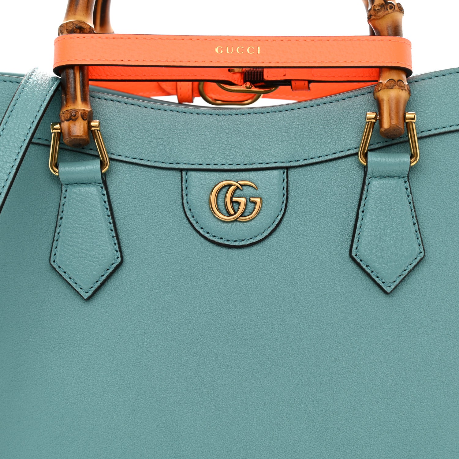 Gucci Wonka Grain Calfskin Medium Diana Tote Bag Dusty Azure Orange Fluo 8 of 8