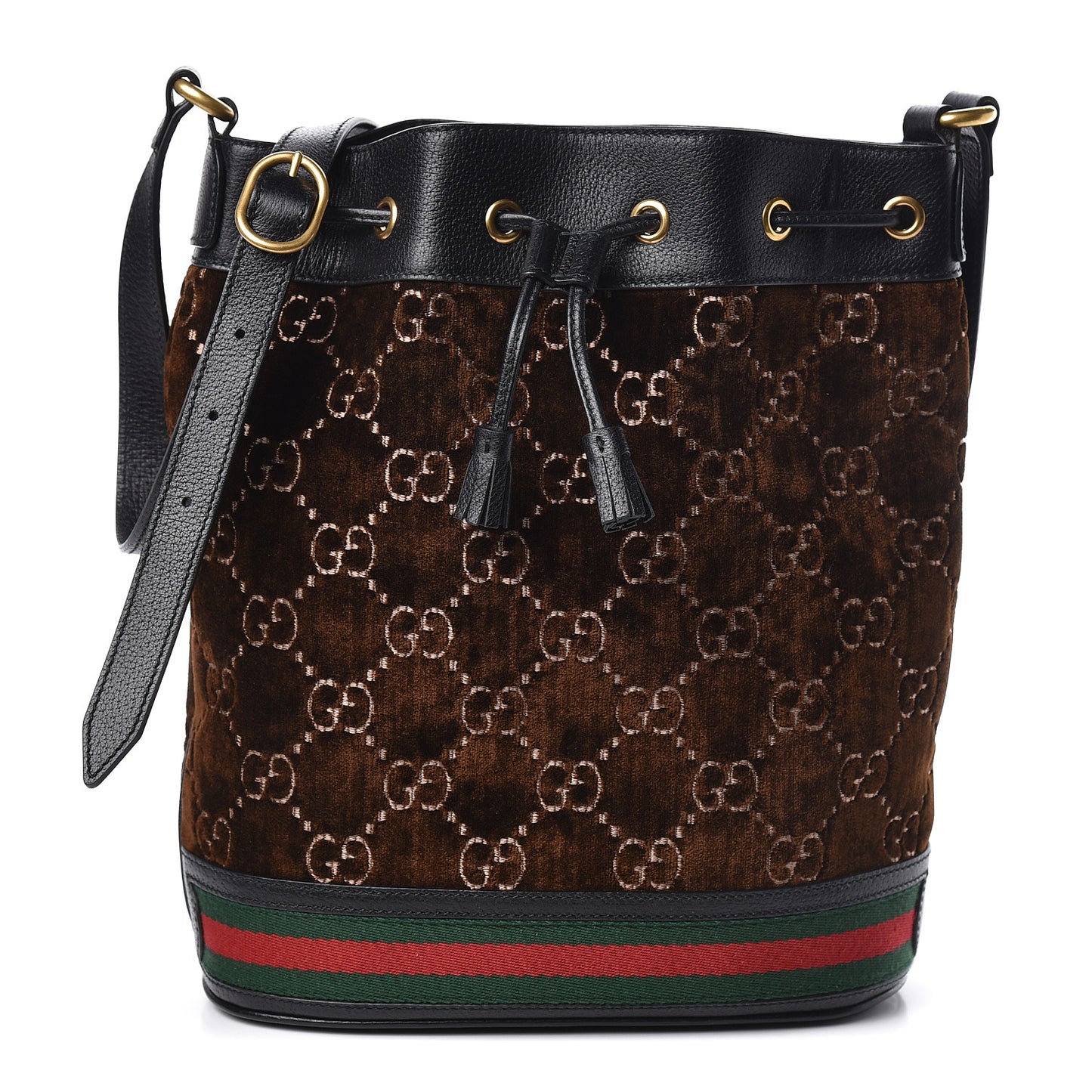 Velvet GG Monogram Textured Calfskin Web Bucket Bag Brown Black