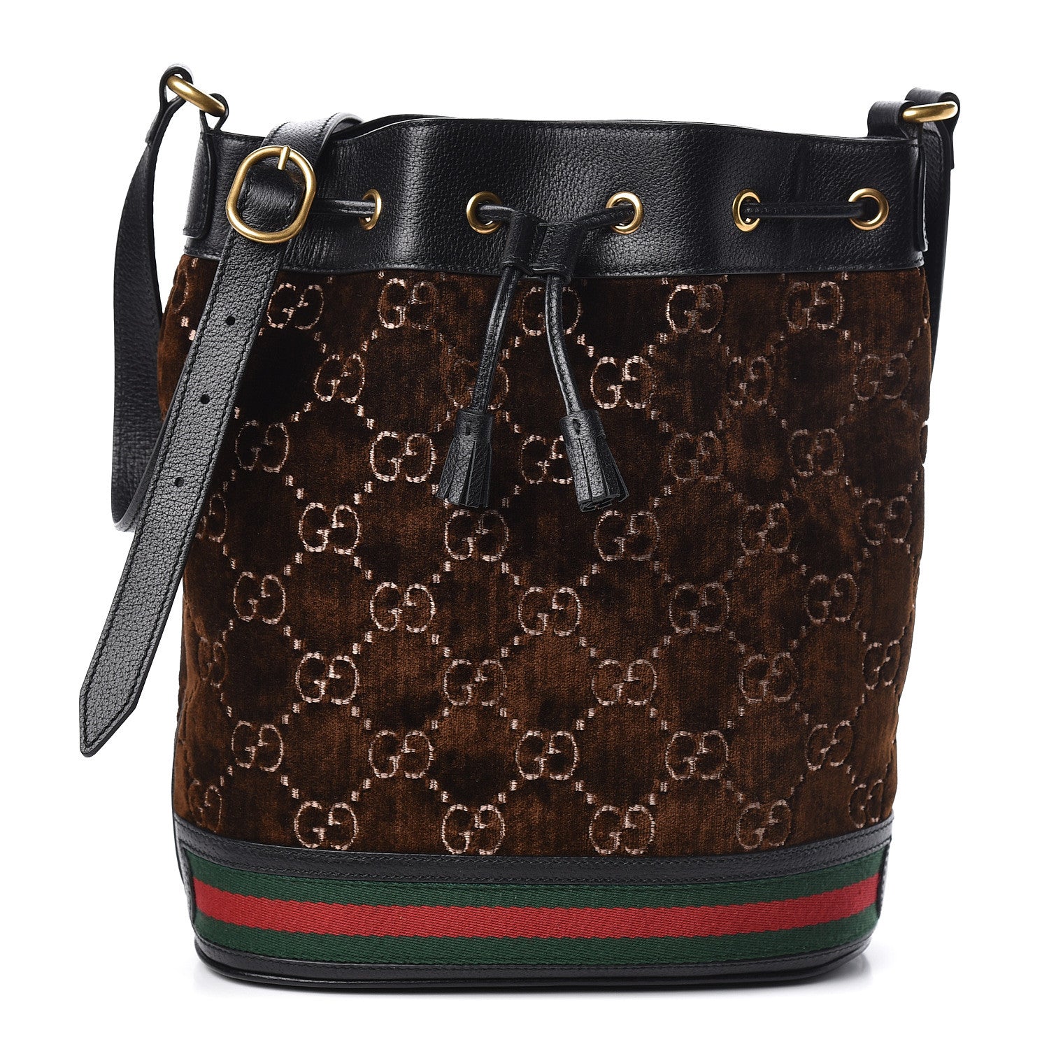 Gucci Velvet GG Monogram Textured Calfskin Web Bucket Bag Brown Black 1 of 10