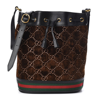Gucci Velvet GG Monogram Textured Calfskin Web Bucket Bag Brown Black 1 of 10