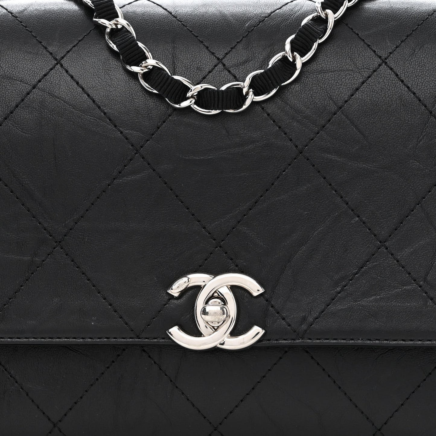 Crumpled Calfskin Flap Bag Black